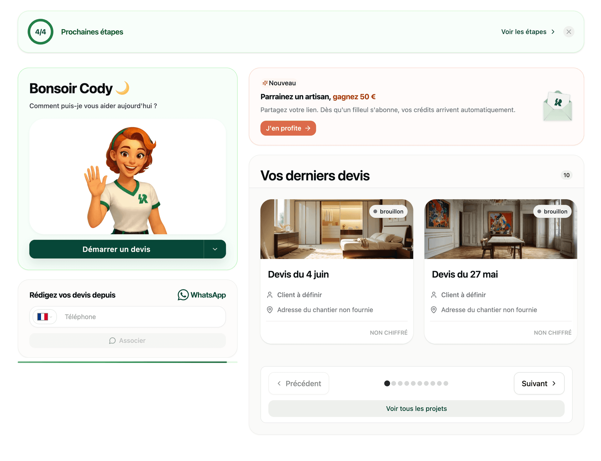 The redesigned Renalto home screen, with Rita waving, a referral banner and recent quotes